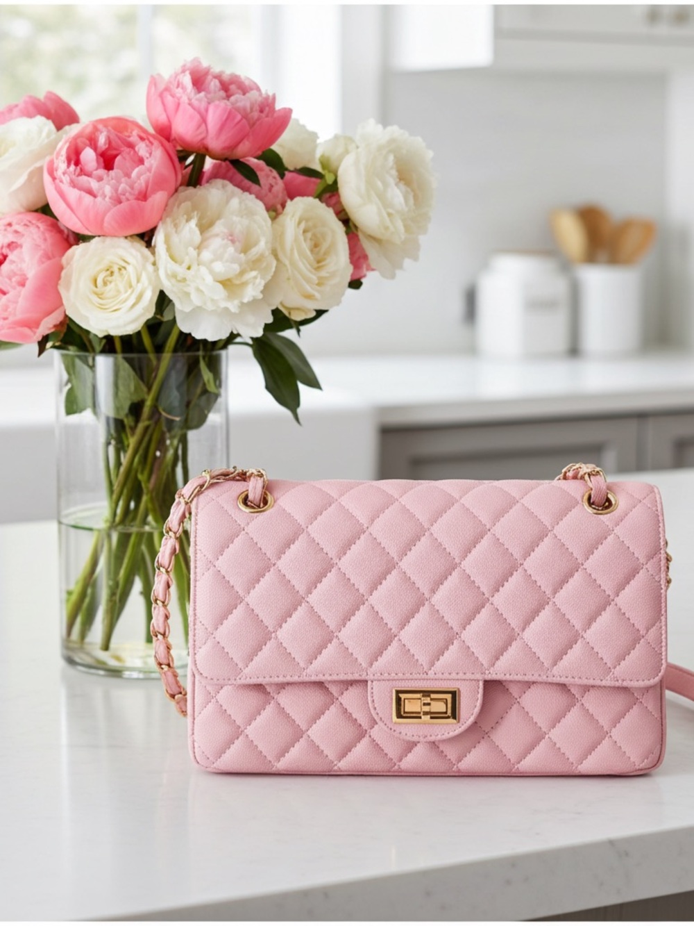 Quilted Pink Shoulder Bag with Gold Chain - Classic Women's Handbag